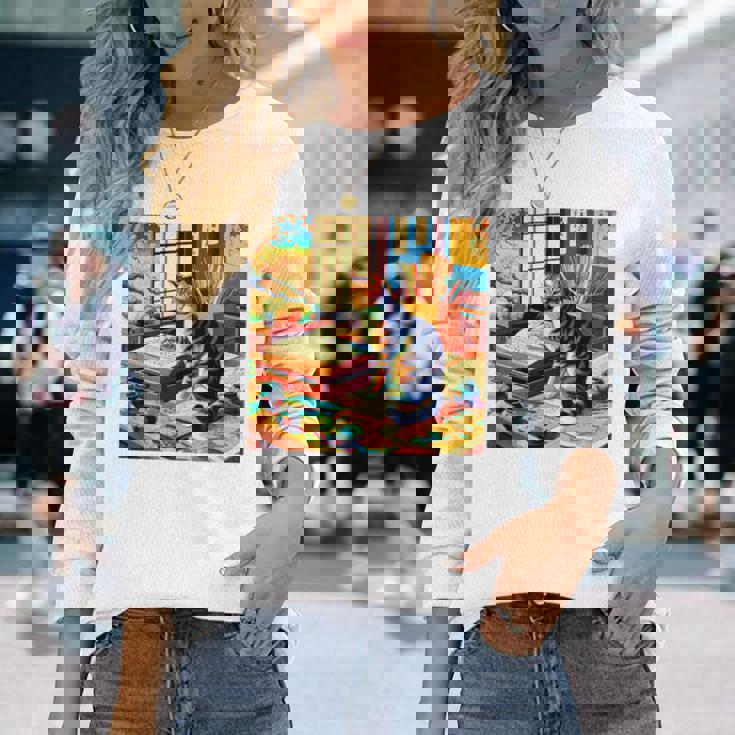 面白いtシャツ 猫 ネコ 読書 勉強 メンズ 猫好き グッズ おもしろ 面白い 服 ネタ 猫の下僕 浮世絵 長袖tシャツ 長袖Tシャツ 彼女への贈り物