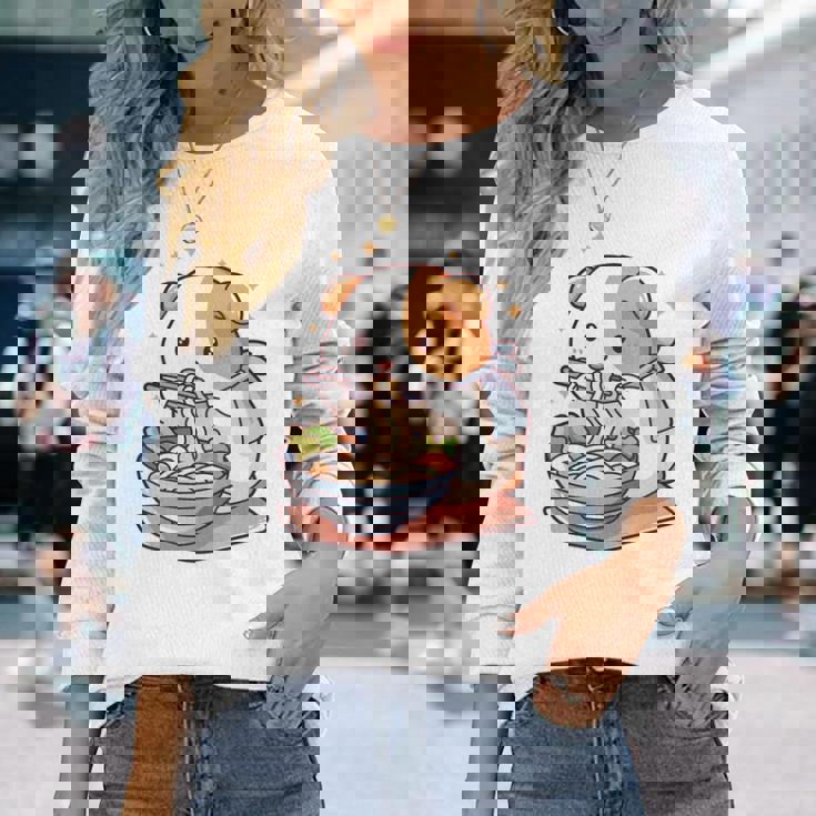 面白いモルモット 箸でラーメンを食べる アニメ 長袖tシャツ 長袖Tシャツ 彼女への贈り物