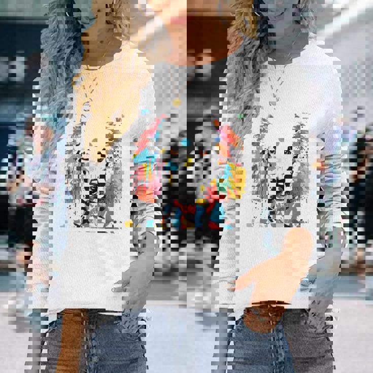 鮮やかな犬のアート スプラッシュカラー 抽象画 長袖Tシャツ 彼女への贈り物