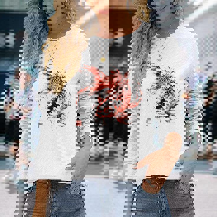 鯉 赤黒 アクアリウム ニシキゴイ 観賞魚 イラスト バックプリント 長袖Tシャツ 彼女への贈り物