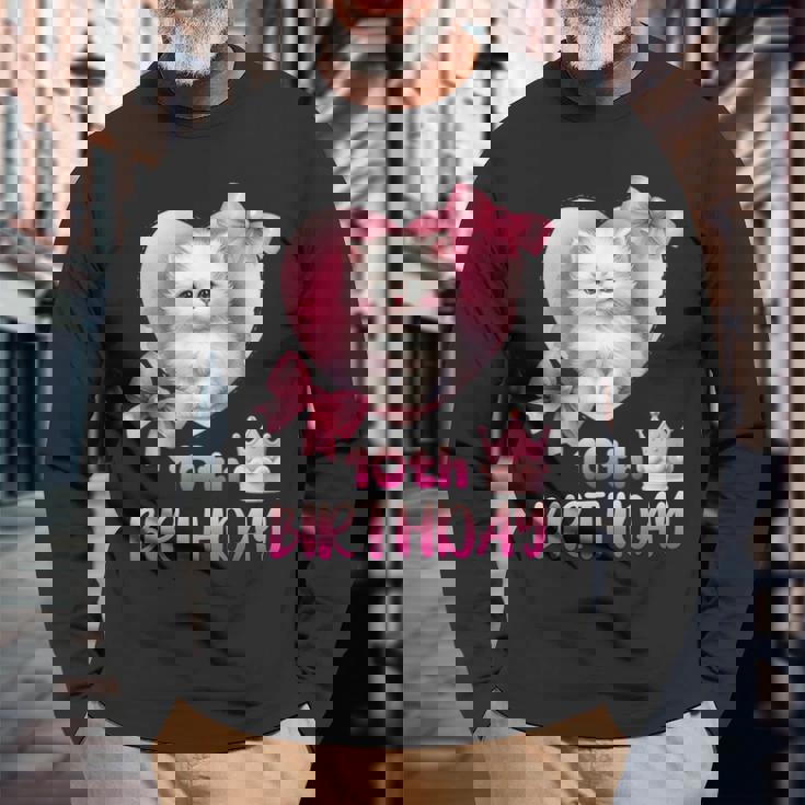 10歳の誕生日 ピンク かわいい 猫 長袖Tシャツ 高齢者への贈り物