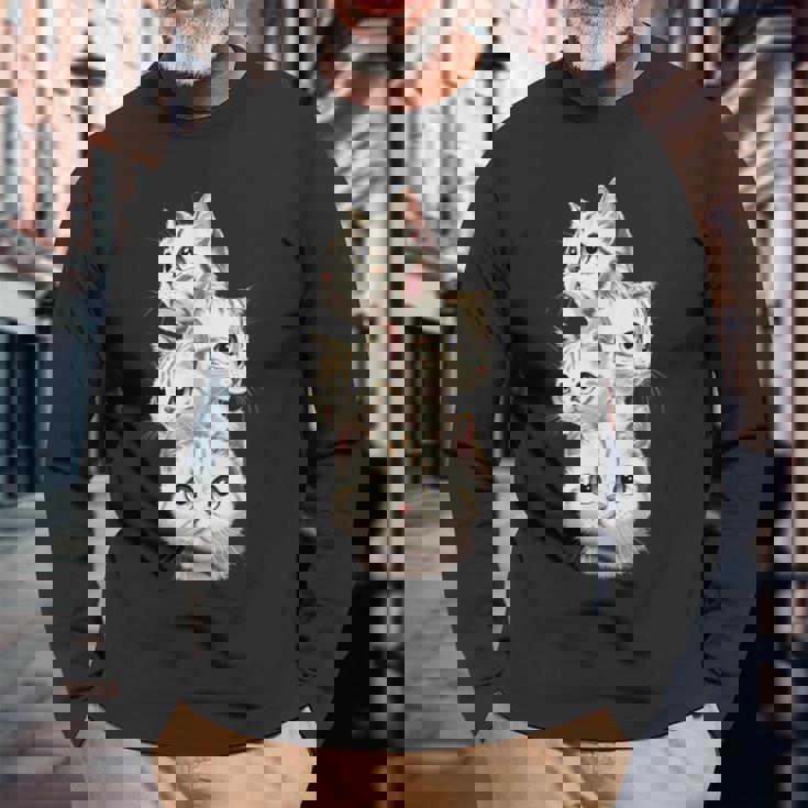 4 匹のかわいい猫 猫愛好家に最適 長袖Tシャツ 高齢者への贈り物