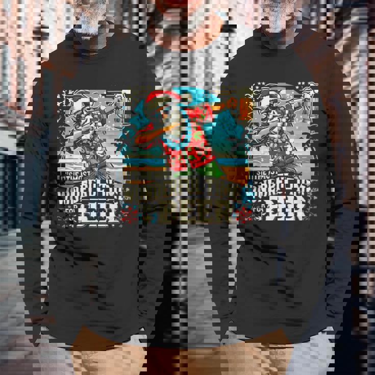 7月のクリスマス サンタハワイアンワンダフルビール 長袖Tシャツ 高齢者への贈り物