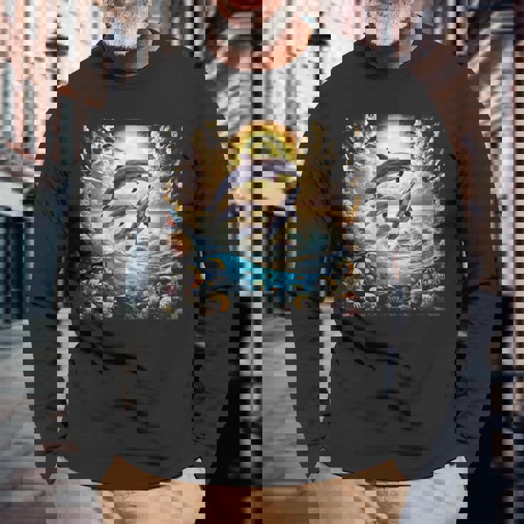 90年代イルカ、アロハ ハワイアン イルカ、カラフルなビーチ 長袖Tシャツ 高齢者への贈り物