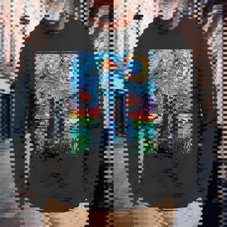 Aja 星月夜に2匹の黒猫 カラフルアート 長袖Tシャツ 高齢者への贈り物