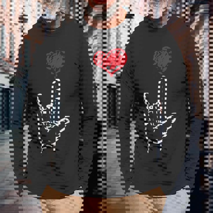 Asl I Love You Hand Heart アメリカ手話 長袖Tシャツ 高齢者への贈り物