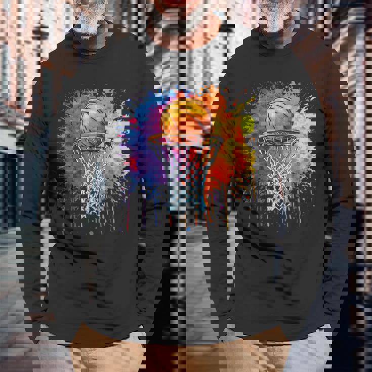 Basketball Colorful Drip Graphic Long Sleeve T-Shirt Gifts for Old Men