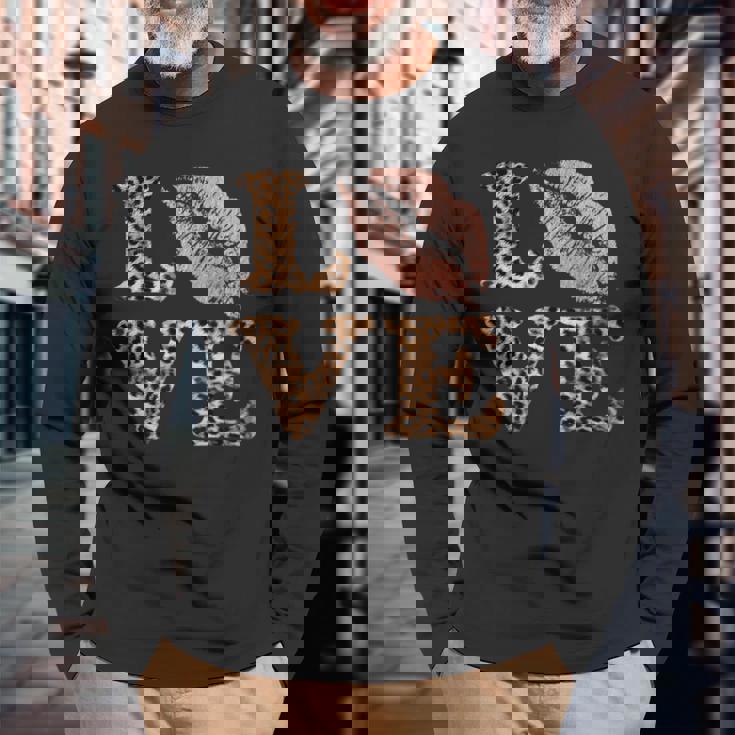 Big Lips Love ヒョウ柄 文字 ピンク 唇 バレンタイン ラブ 長袖Tシャツ 高齢者への贈り物