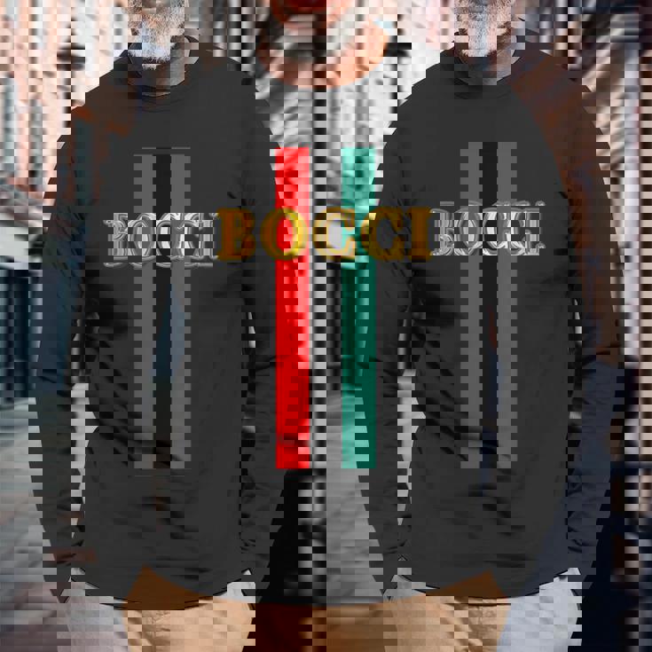 Bocci ぼっち《フェイクゴールド ロゴ》緑 赤 ライン【変なデザイン屋さん】陰キャ オタク ブランド パロディ 面白 長袖Tシャツ 高齢者への贈り物