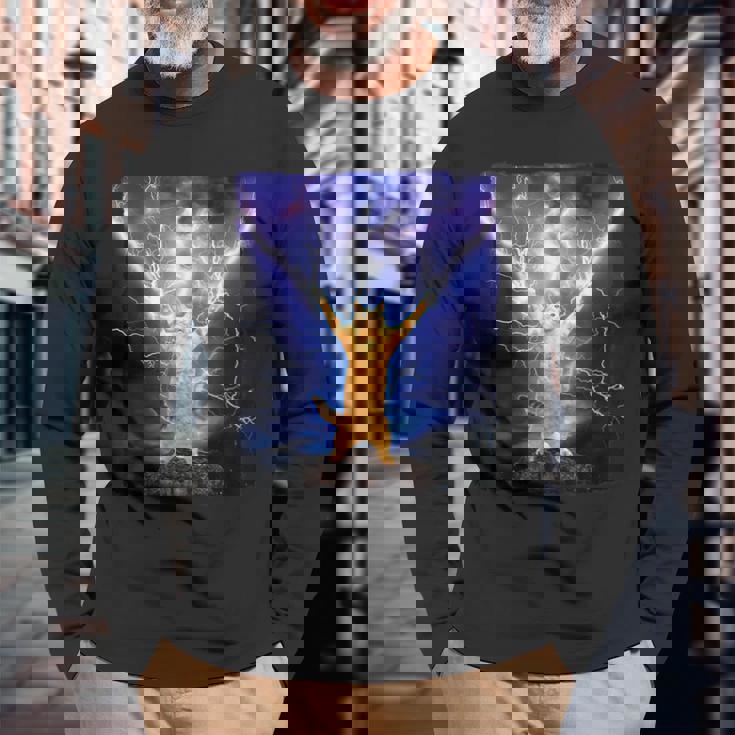 Cat Merch おかしな猫 稲妻 サンダーボルト オン マウンテン 長袖Tシャツ 高齢者への贈り物