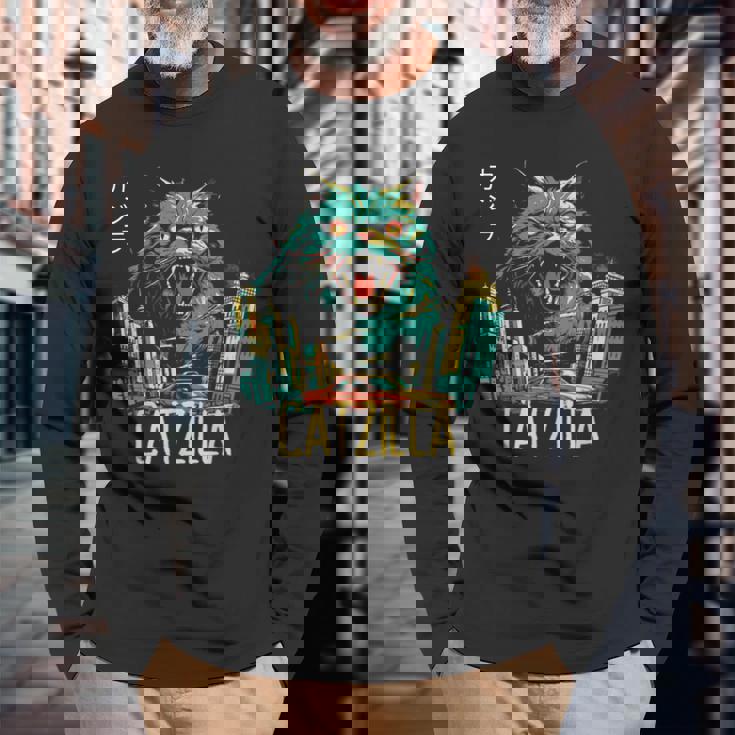 Catzilla ビンテージ 面白い かわいい 猫 アート 長袖Tシャツ 高齢者への贈り物