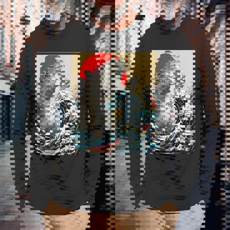 Catzilla 猫日本美術面白い猫 長袖Tシャツ 高齢者への贈り物