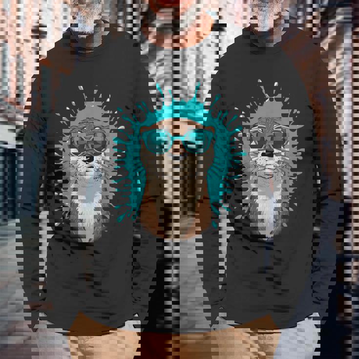 Chill Otteribes 面白いカワウソサングラスデザイン 長袖Tシャツ 高齢者への贈り物