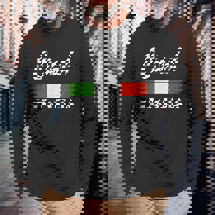 Ciao Italia トリコロールグリーン 白と赤 イタリア国旗 イタリア 長袖Tシャツ 高齢者への贈り物