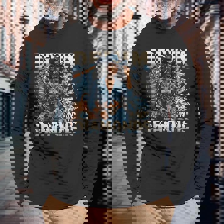 Denim And Diamonds African Melanin Swag Cowgirls Western Long Sleeve T-Shirt Gifts for Old Men