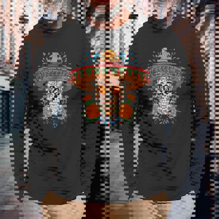 Dia De Los Muertos スカルとマリーゴールド 長袖Tシャツ 高齢者への贈り物