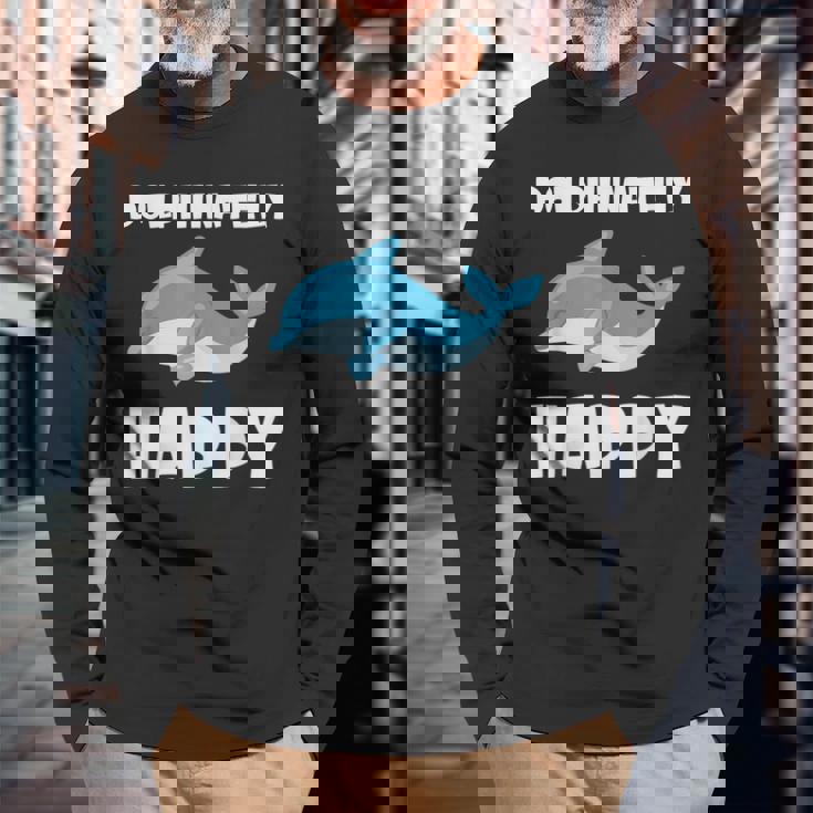 Dolphinately Happy ドルフィンズ イルカ 哺乳類 海 Dolphin ドルフィン 長袖Tシャツ 高齢者への贈り物