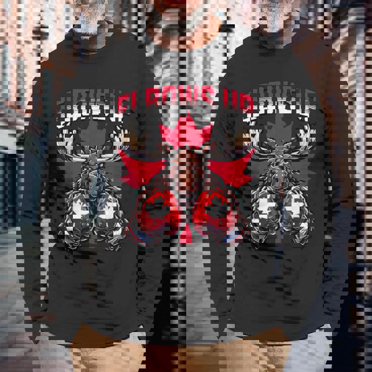 Elbows Up Canada ボクシング ムース メープルリーフ カナダの誇り 長袖Tシャツ 高齢者への贈り物