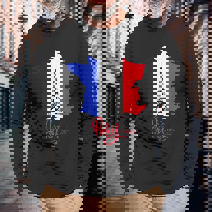 Enjoy Travel Paris France Flag & Eiffel Tower Graphic 長袖Tシャツ 高齢者への贈り物