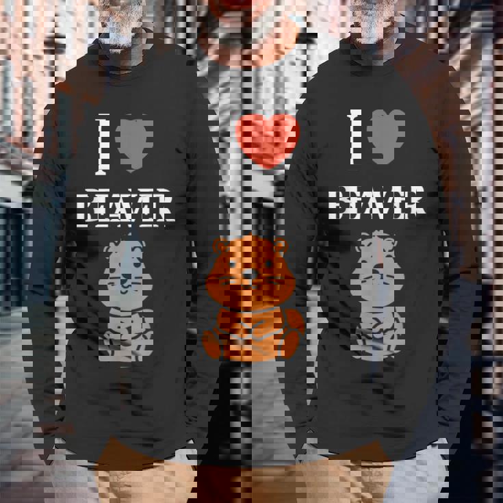 Baby Beavers Minimalist Cute I Love Beaver 長袖Tシャツ 高齢者への贈り物