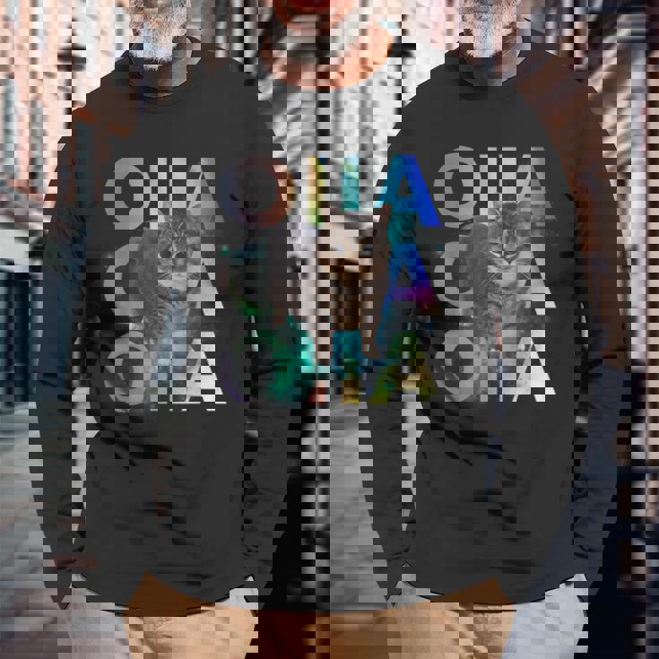 Oiia Oiia 回転する猫 ミーム 面白い ブレイン エセル スペース 長袖Tシャツ 高齢者への贈り物