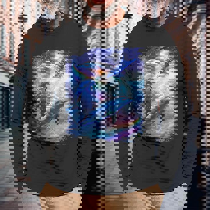 Galaxy Dolphin 宇宙のイルカ 長袖Tシャツ 高齢者への贈り物