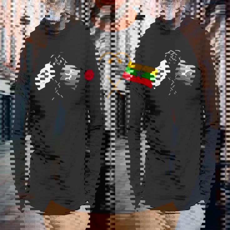 Japanese Flag Myanmar Flag ミャンマー遺産 ミャンマーのルーツ 日本の国旗 ミャンマーの国旗 長袖Tシャツ 高齢者への贈り物