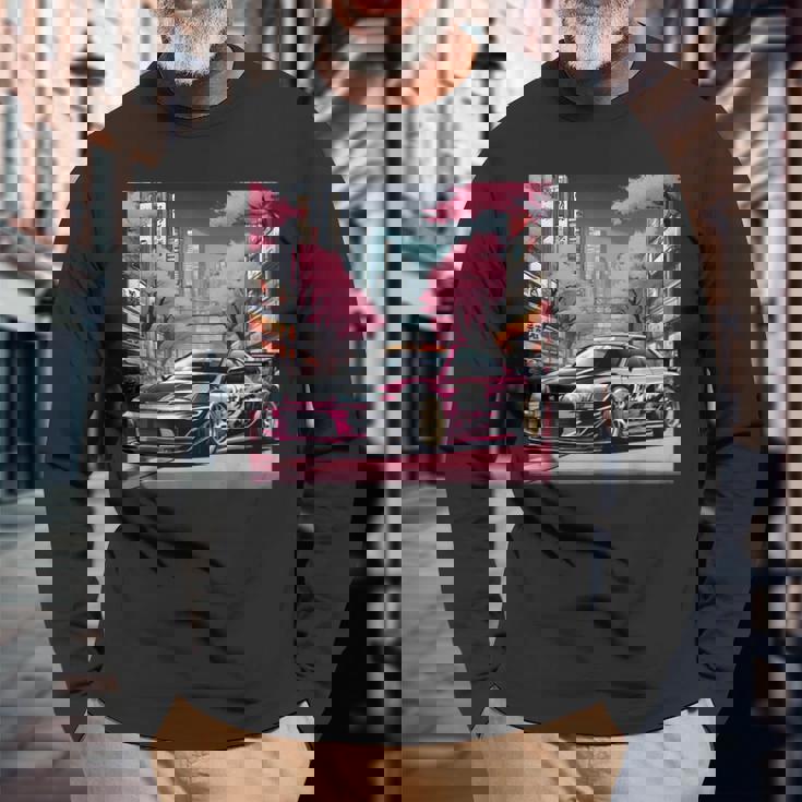 Jdm レトロ 和 ドリフト 車 東京 スカイライン 桜 長袖Tシャツ 高齢者への贈り物