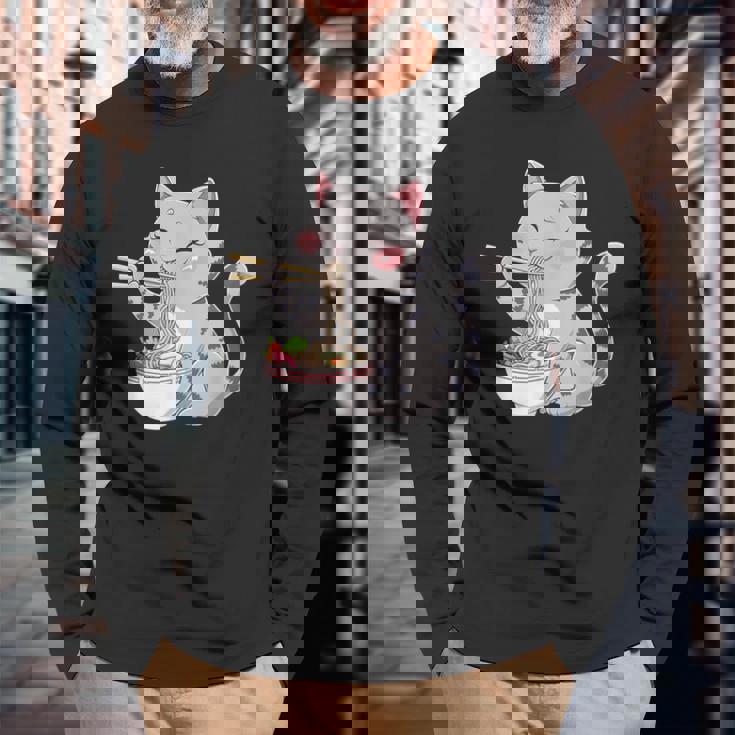 Kawaii Ramen Cat Neko Cute Anime Noodle Lover 長袖Tシャツ 高齢者への贈り物