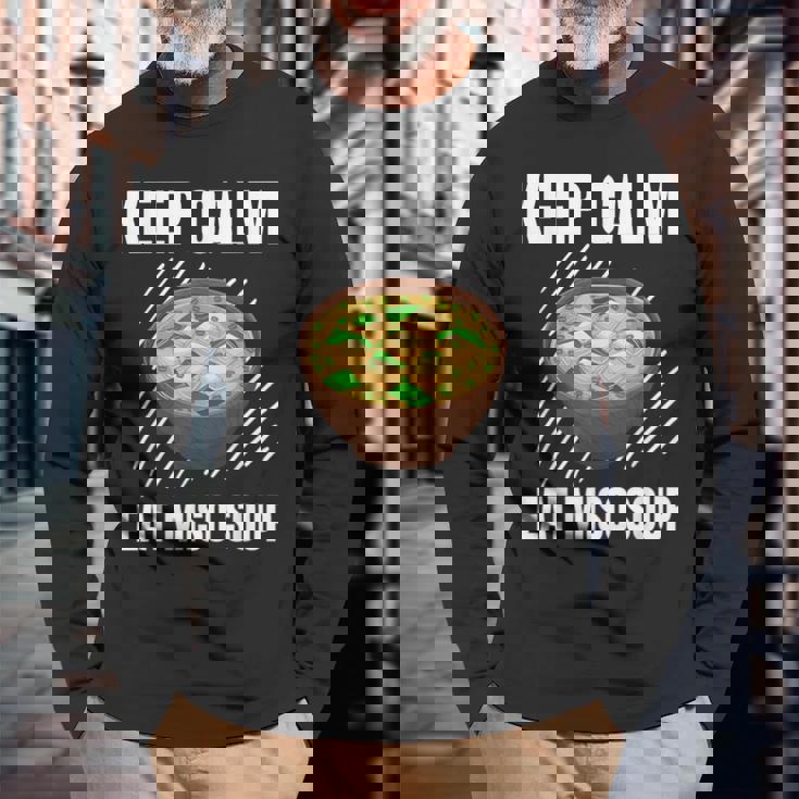 Keep Calm 食べる 味噌汁 ヴィンテージ グランジ 味噌汁好き 長袖Tシャツ 高齢者への贈り物