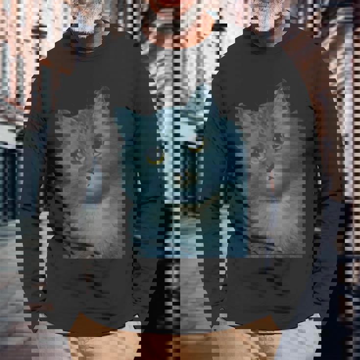 L Wain作 青い猫 長袖Tシャツ 高齢者への贈り物