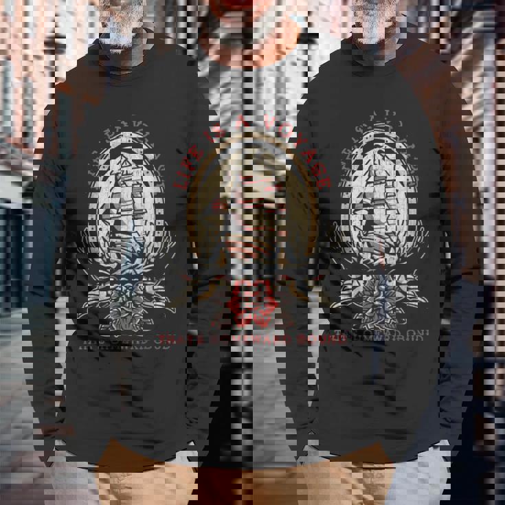 Life Is Aoyage オールドスクール セーリング船 タトゥーデザイン 長袖Tシャツ 高齢者への贈り物
