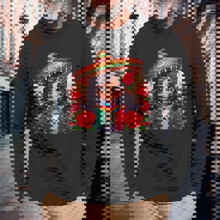 Long Haired Curvy Mexican Chibi Zarape Roses Mexican Pride 長袖Tシャツ 高齢者への贈り物