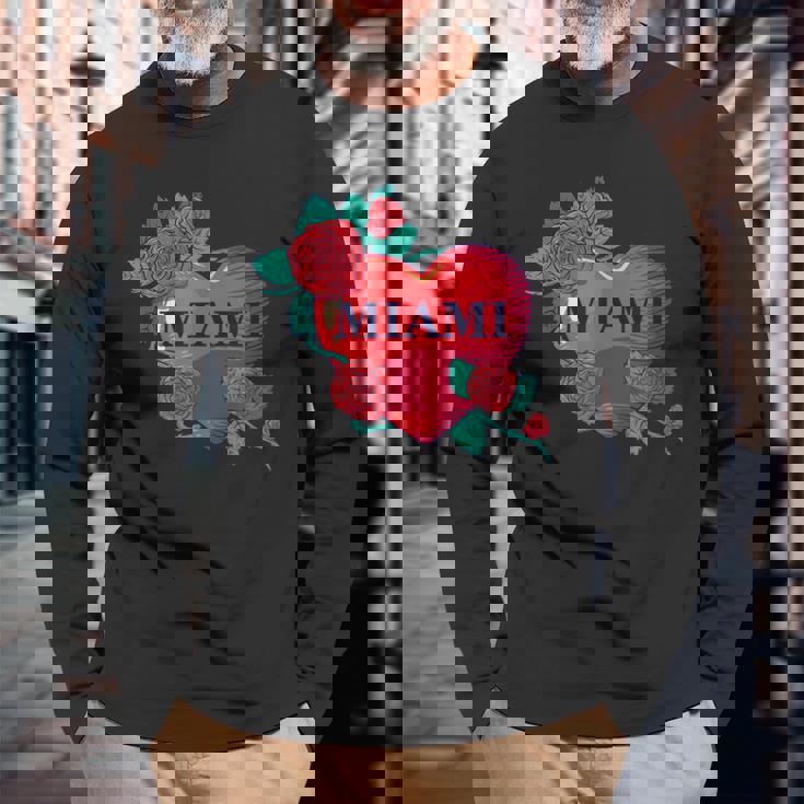 I Love Miami Miami Love Heart & Roses Illustration Graphic 長袖Tシャツ 高齢者への贈り物