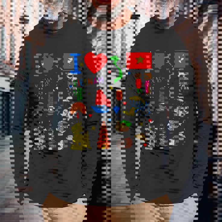 I Loveietnam手描き ベトナムのランドマーク、旗、地図 長袖Tシャツ 高齢者への贈り物