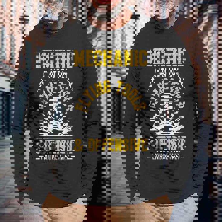 Mechanic Caution Flying Tools 自動車整備士 長袖Tシャツ 高齢者への贈り物