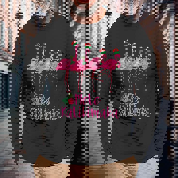 Mele Kalikimaka フラミンゴ ハワイ トロピカルファミリー 長袖Tシャツ 高齢者への贈り物