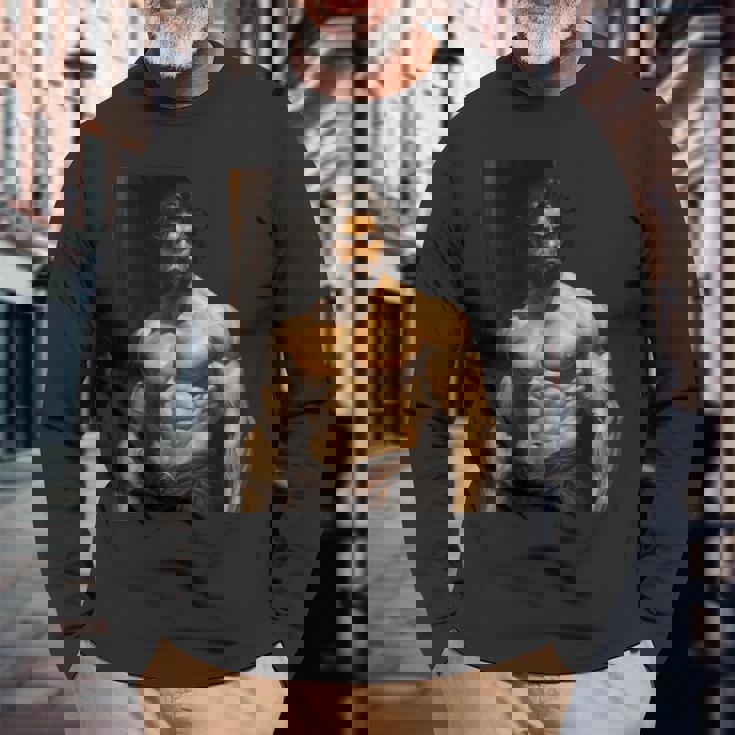Muscle Man Bodybuilder Gay Daddy Classic Oil Paintingtyle 長袖Tシャツ 高齢者への贈り物