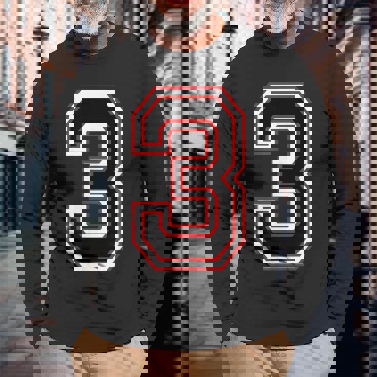 Number Numero Nummer 3 Three 3番 長袖Tシャツ 高齢者への贈り物