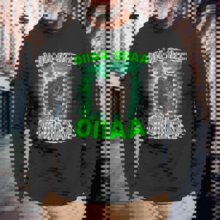 Oiiaa Oiiaa 猫 脳腐 ウイルス スピニング 猫 ミーム 長袖Tシャツ 高齢者への贈り物