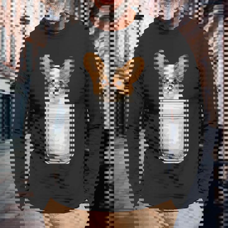 Papillon パピヨン 子犬 ポケットの中の犬 長袖Tシャツ 高齢者への贈り物