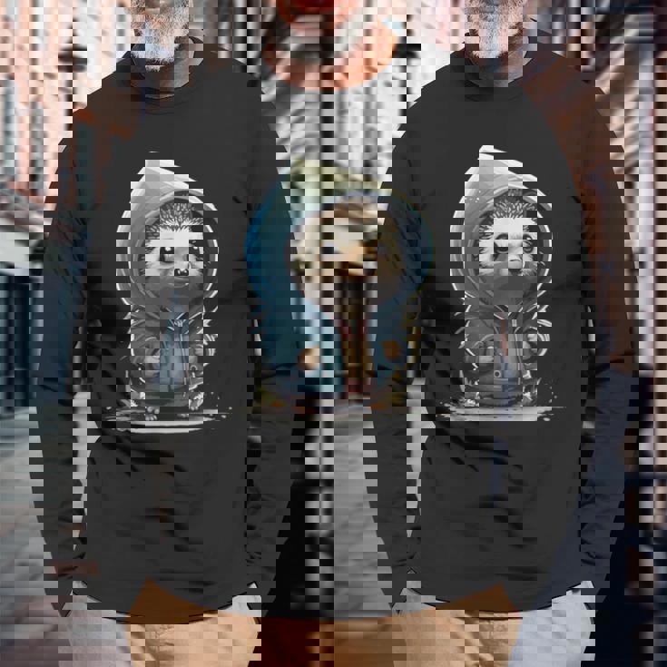 Retro Hedgehog レトロハリネズミ 長袖Tシャツ 高齢者への贈り物