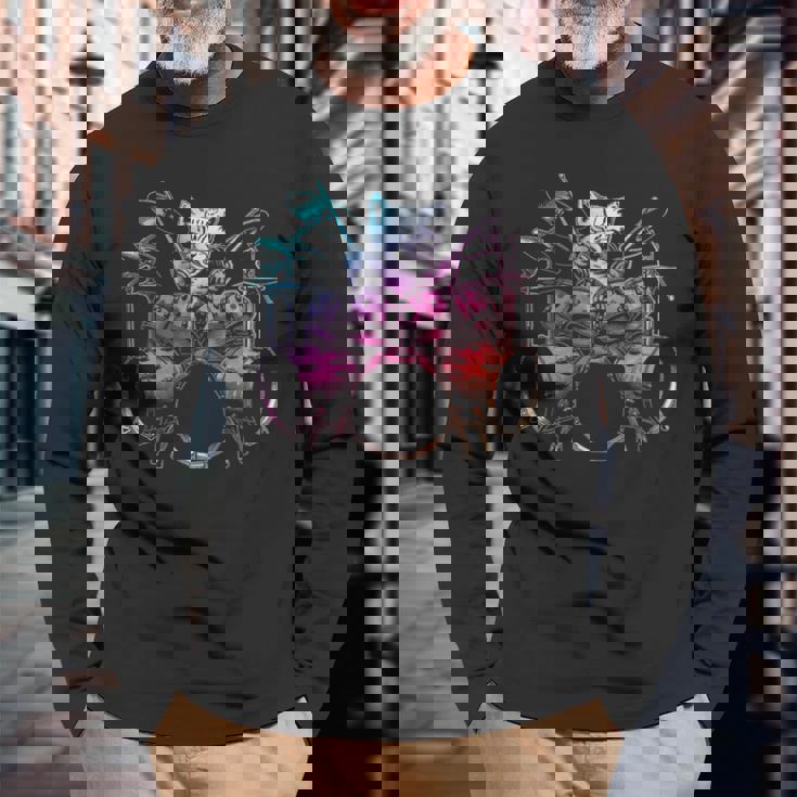 Rockstar ドラマー 猫 ドラム ミュージシャンバンド 音楽愛好家 長袖Tシャツ 高齢者への贈り物