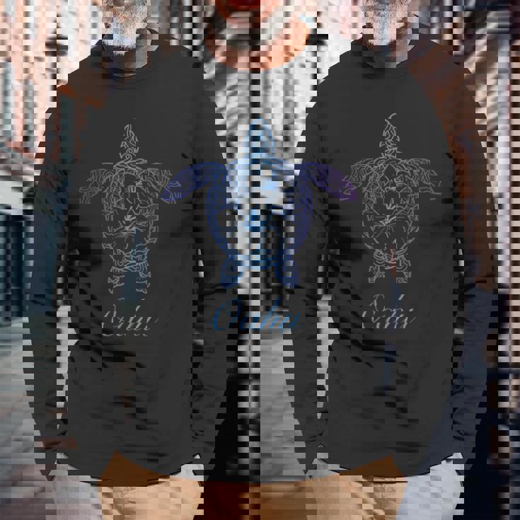 Save The Hawaii ウミガメ ハワイアン ブルー トライバル 亀 ホヌ 長袖Tシャツ 高齢者への贈り物