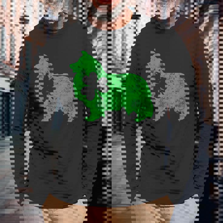 Shetlandheepdog シェルティ セントパトリックデー メンズ シャムロックドッグ 長袖Tシャツ 高齢者への贈り物