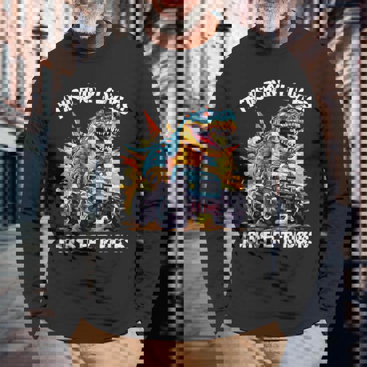 This Boy Loves Monster Trucks 恐竜モンスタートラック 長袖Tシャツ 高齢者への贈り物