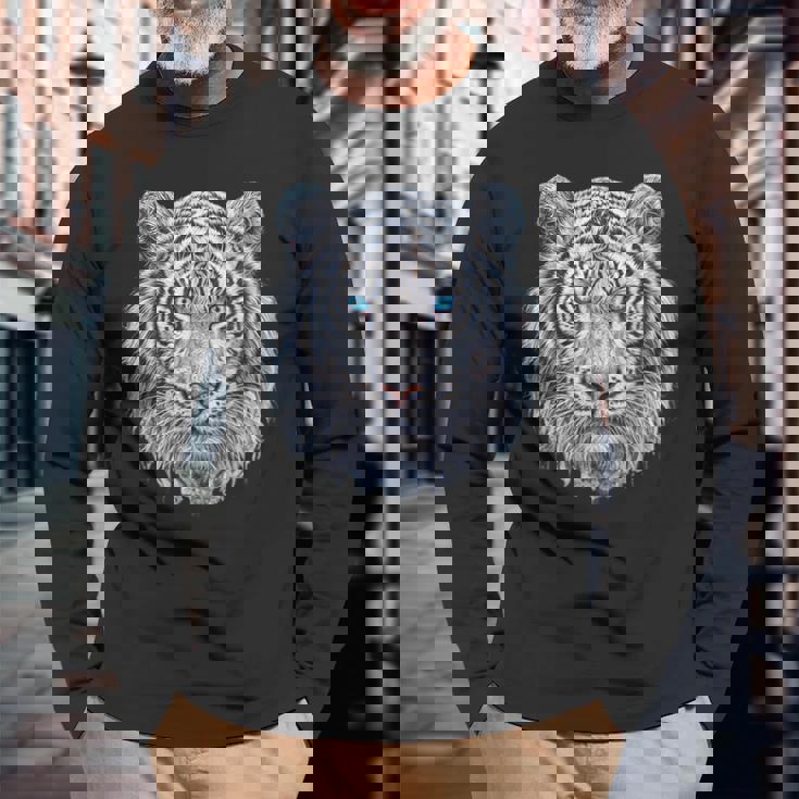 Tiger Lover 青い目の動物 ホワイトタイガー 長袖Tシャツ 高齢者への贈り物