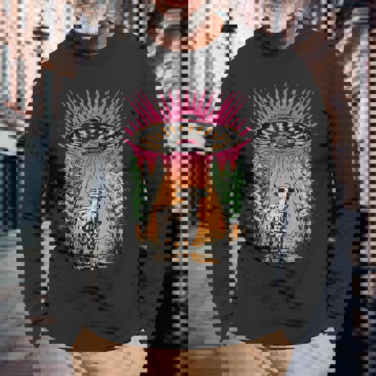 Ufo 牛 誘拐 面白い ヴィンテージ レトロ エイリアン 超常現象 長袖Tシャツ 高齢者への贈り物