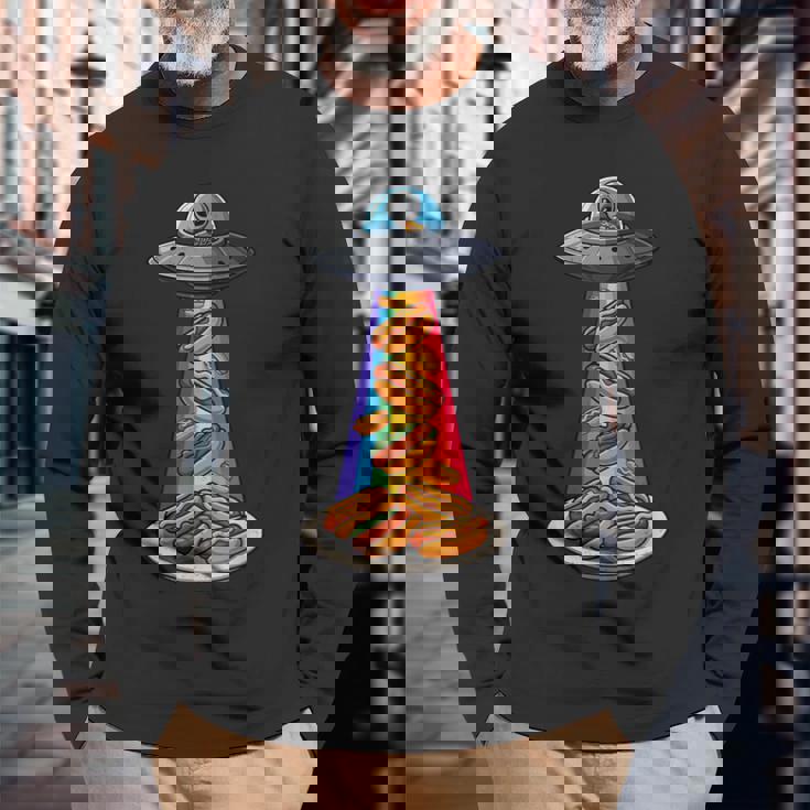 Ufo 誘拐ホットドッグ ムーンデー エイリアン 空飛ぶ円盤 ソーセージ 長袖Tシャツ 高齢者への贈り物