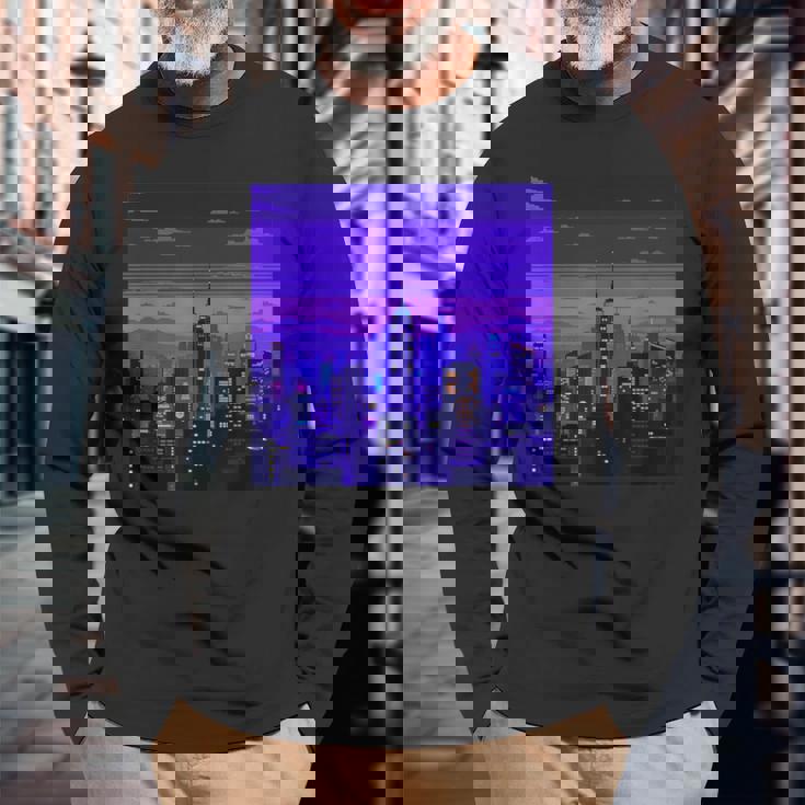 Vaporwave レトロゲーミングピクセルアート 長袖Tシャツ 高齢者への贈り物